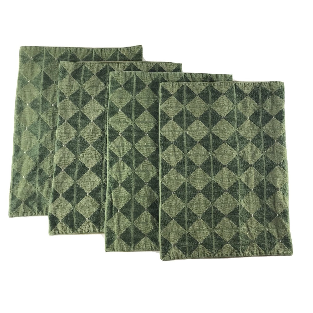 Crate & Barrel Set Of 4 Rectangle Cotton Placemats Green Silver Diamond Pattern